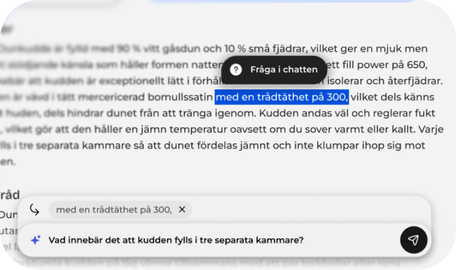 Qrate i en artikel: en markerad mening i texten och en följdfråga i chatten